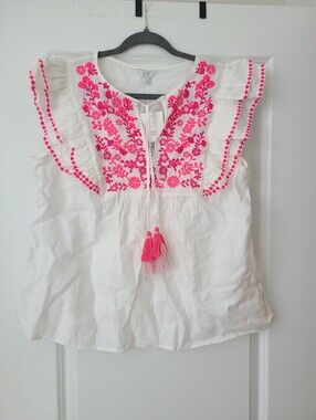 Crown & Ivy Pink Embroidered Ruffle Sleeve Linen Blouse